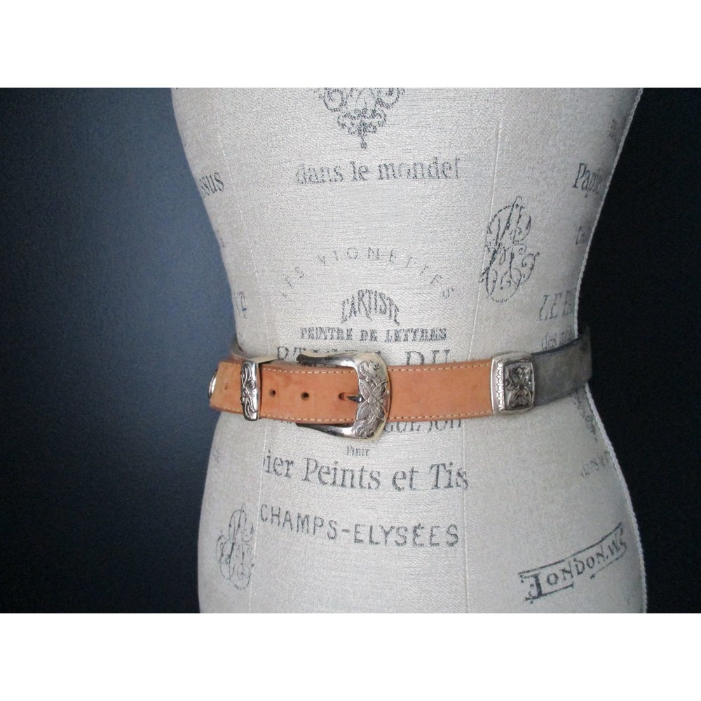 Vintage Brighton Brown Grey Leather Chunky Ornate Hardware Belt Size Medium